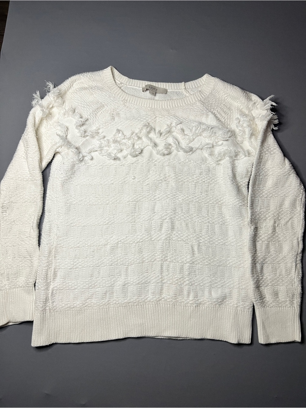 LOFT White Fringe-Trim Crewneck Sweater